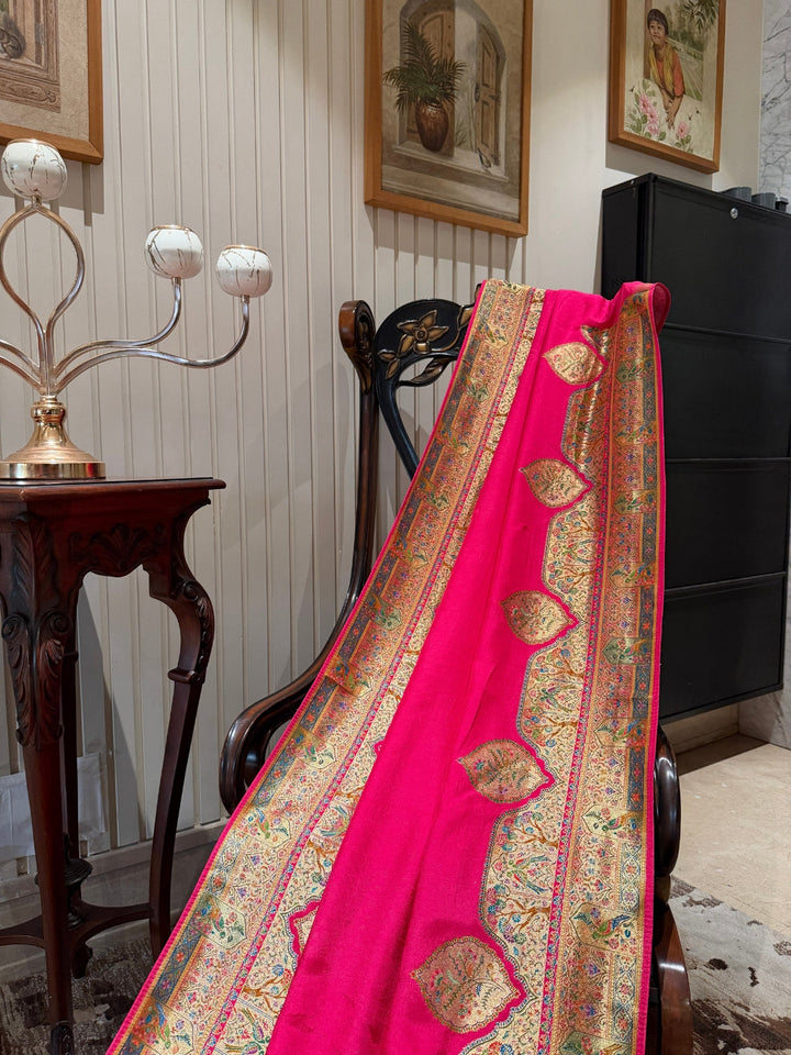 Rani Pink Kashmiri Woven Saree with Temple Buta Border and Rich Story Pallu