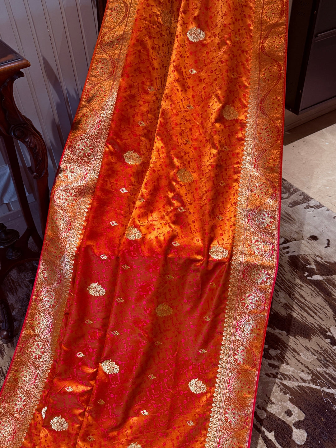 Zari Woven Saree with Gold Floral Motifs and Traditional Brocade Border
