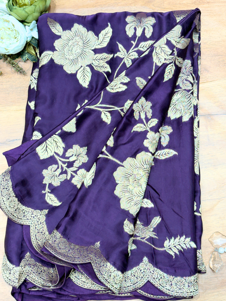 Purple Silk Golden Zari Woven Floral Saree with Scalloped Border