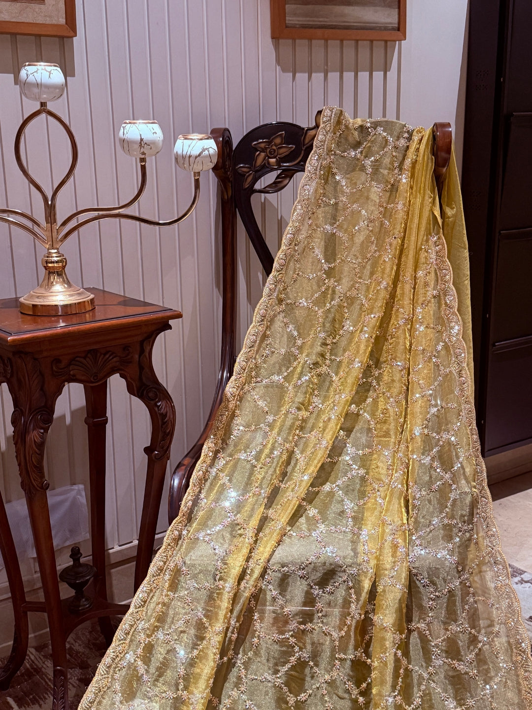 Gold Shimmer Net Saree with Geometric Trellis Mirror & Floral Sequin Handwork Border