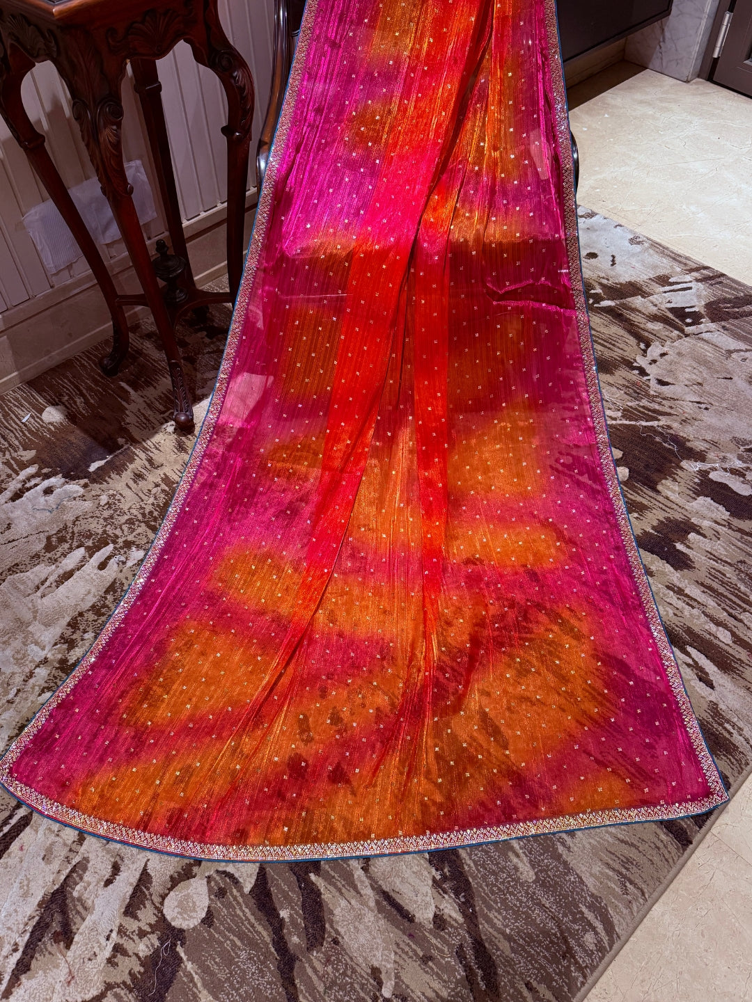 Ombre Saree with All-over Foil Mirror Work & Slim Gota Patti Embellished Border