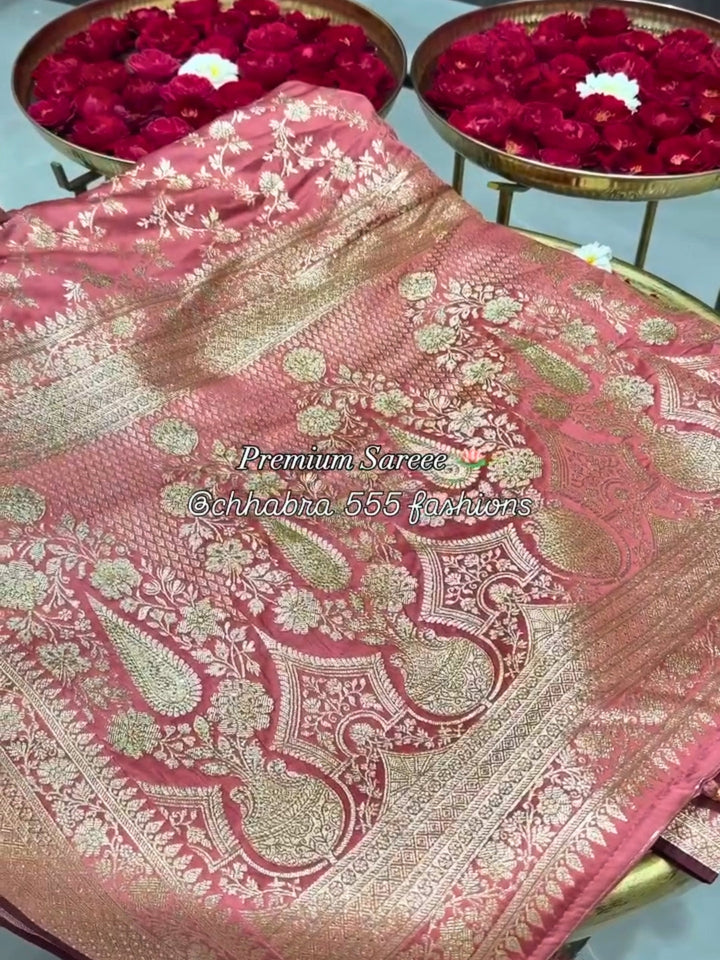 Banarasi Traditional Handloom Saree with Intricated Floral Motifs Zari Weaving