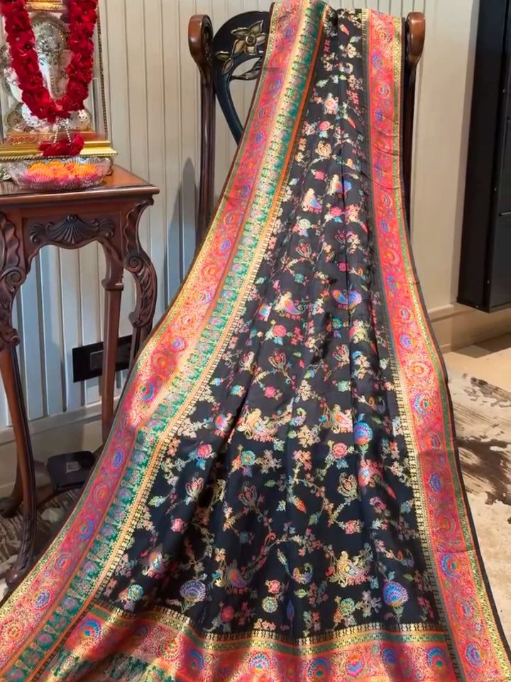 Elegant Black Banarasi Silk Saree with Multicolor Meenakari Jaal & Peacock Motif Zari Border