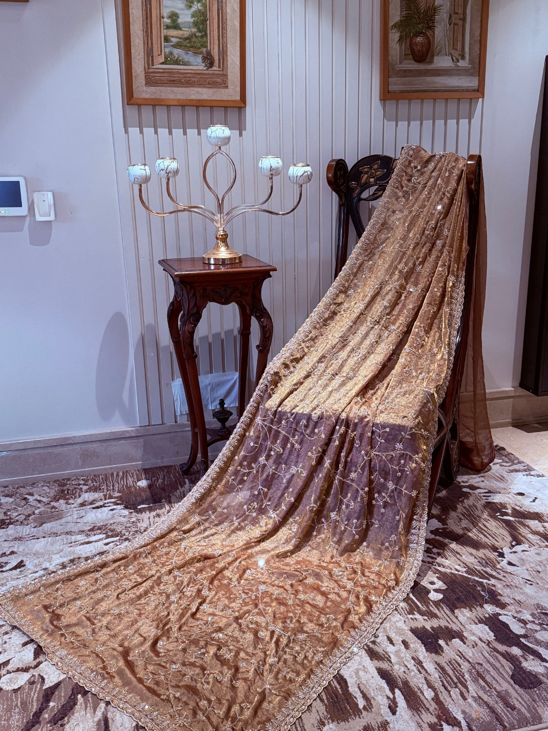 Tissue Saree with Hand-Embroidered Floral Sequins & Ornate Embellished Border