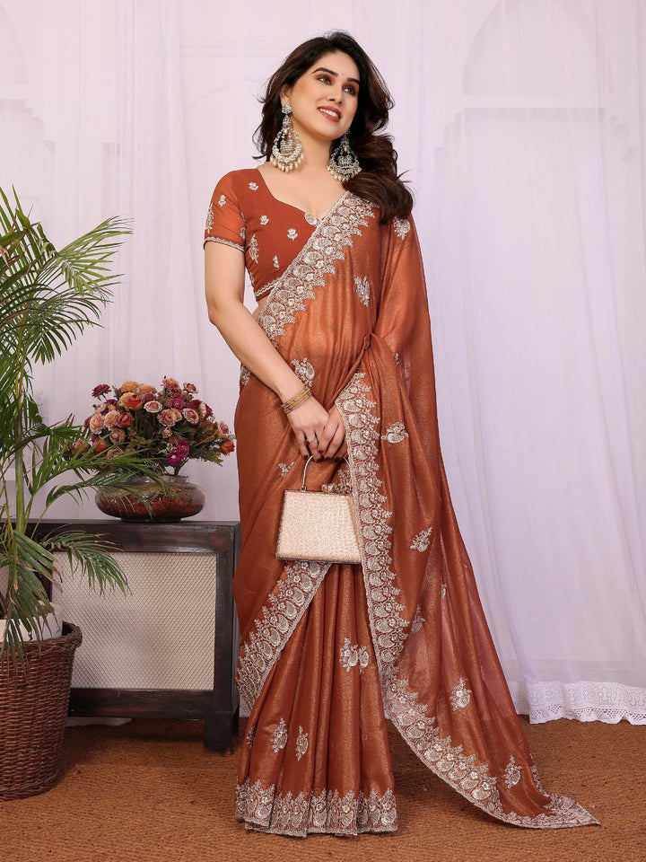Burnt Copper Shimmer Saree with Silver Thread Embroidered Butis & Scalloped Border