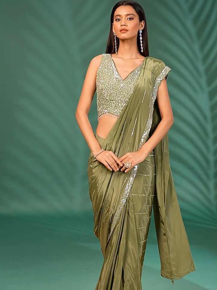 Pre-Stitched Saree with Sequin Embellished Blouse and Beaded Details