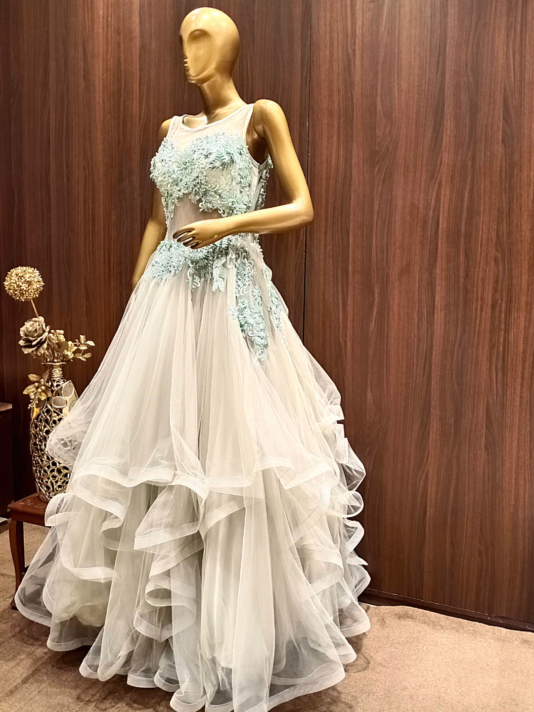 Pastel Green Ruffled Net Gown with Pearl,Thread Embroidery and Layering