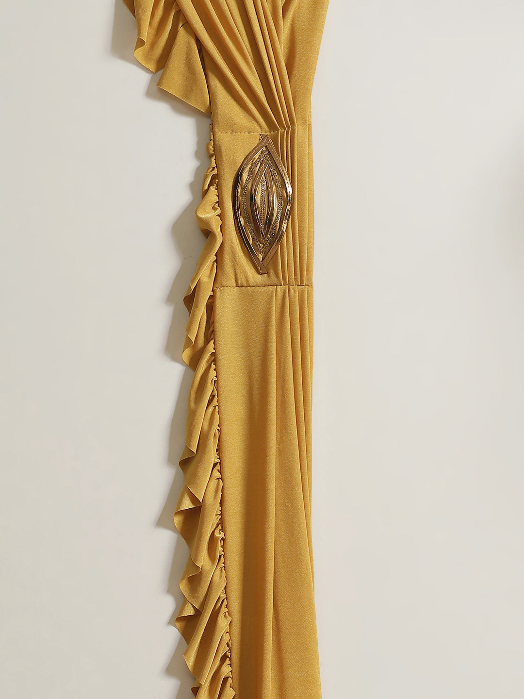 Mustard Pre-Stitched Draped Metallic Applique Embroidery Ruffled Saree