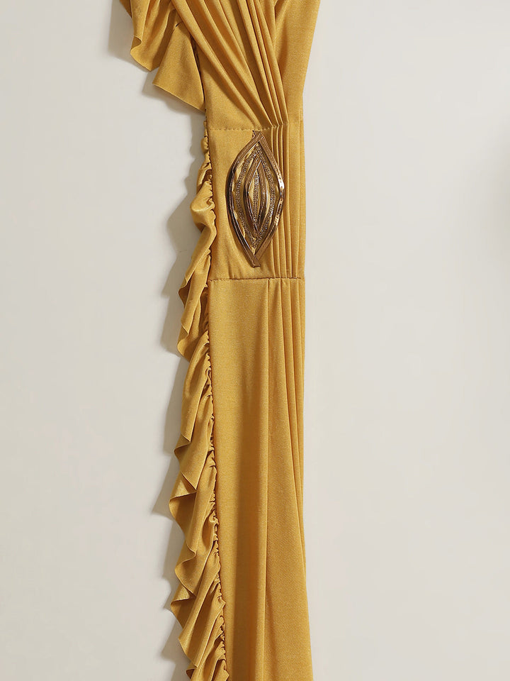 Mustard Pre-Stitched Draped Metallic Applique Embroidery Ruffled Saree