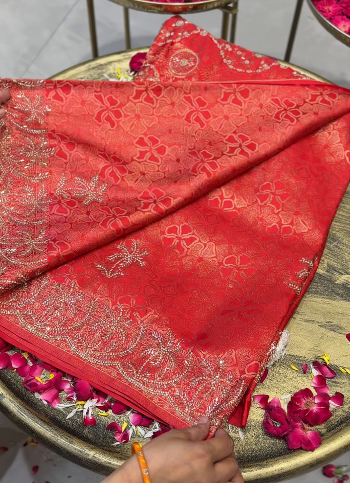Banarasi Silk Zari Woven Floral Jaal Saree with Cutdana & Sequin Embroidered