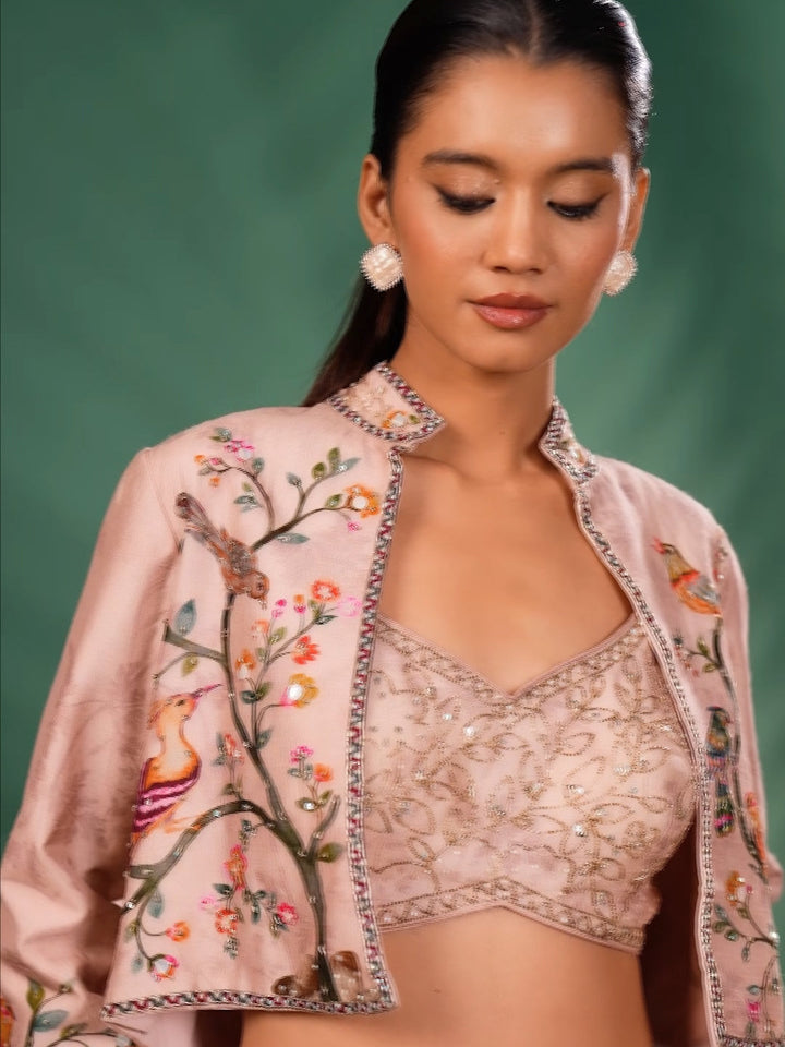 Embroidered Crop Top Jacket Set with Floral Motifs and Flared Trousers