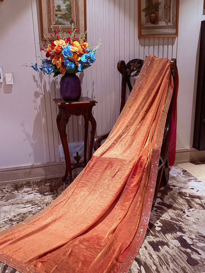 Shimmer Georgette Saree with Sequin Bead Strip Border, Dual Tone Finish