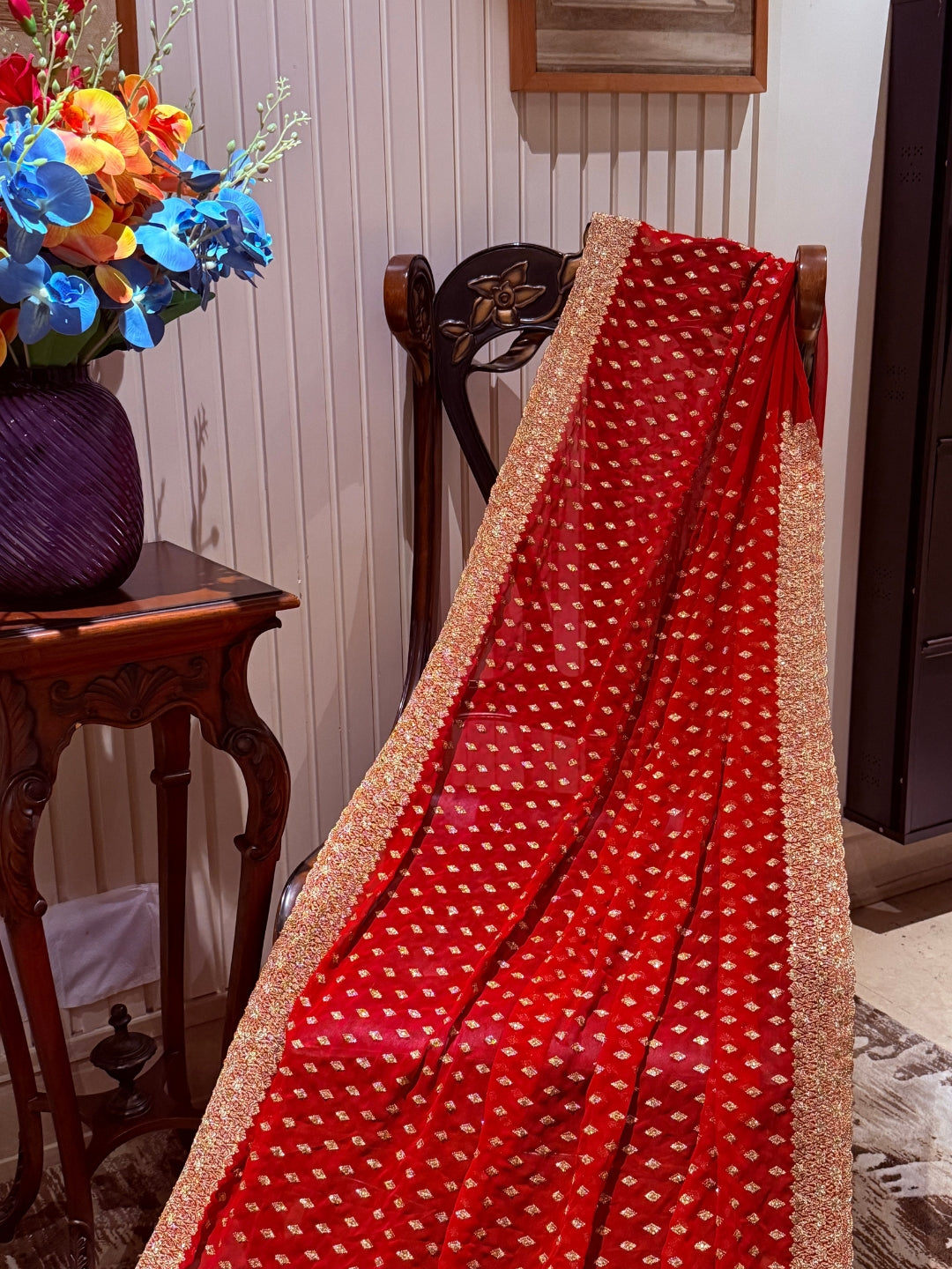 Georgette Saree with All-over Gold Butti Motifs & Grand Ornate Heavy Zari Border