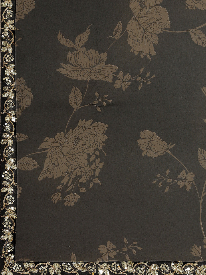 Metallic Floral Print Saree with Sequin & Mirror Embroidery Border
