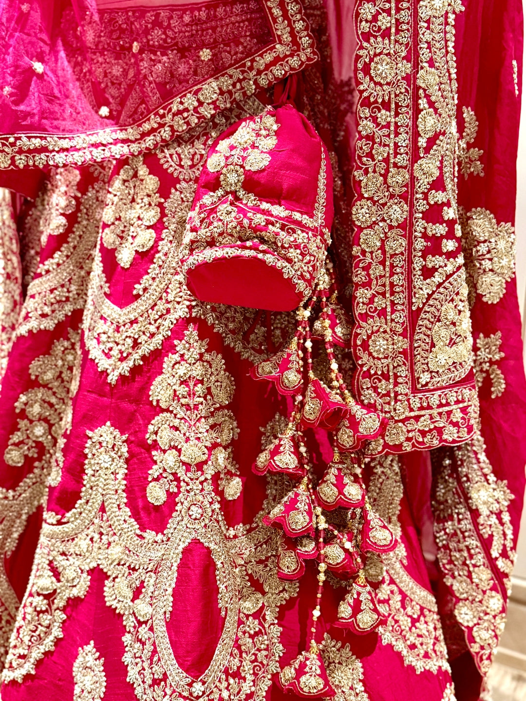 Bridal Lehenga Choli Set with Heavy Zardozi Embroidery, Dupatta, Latkans & Potli Bag
