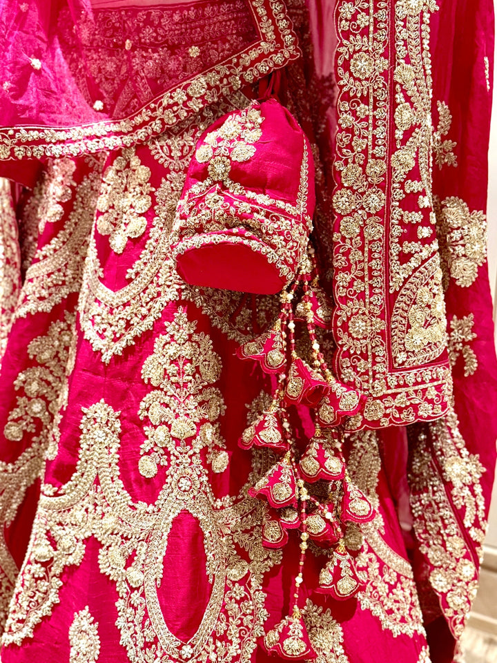 Bridal Lehenga Choli Set with Heavy Zardozi Embroidery, Dupatta, Latkans & Potli Bag