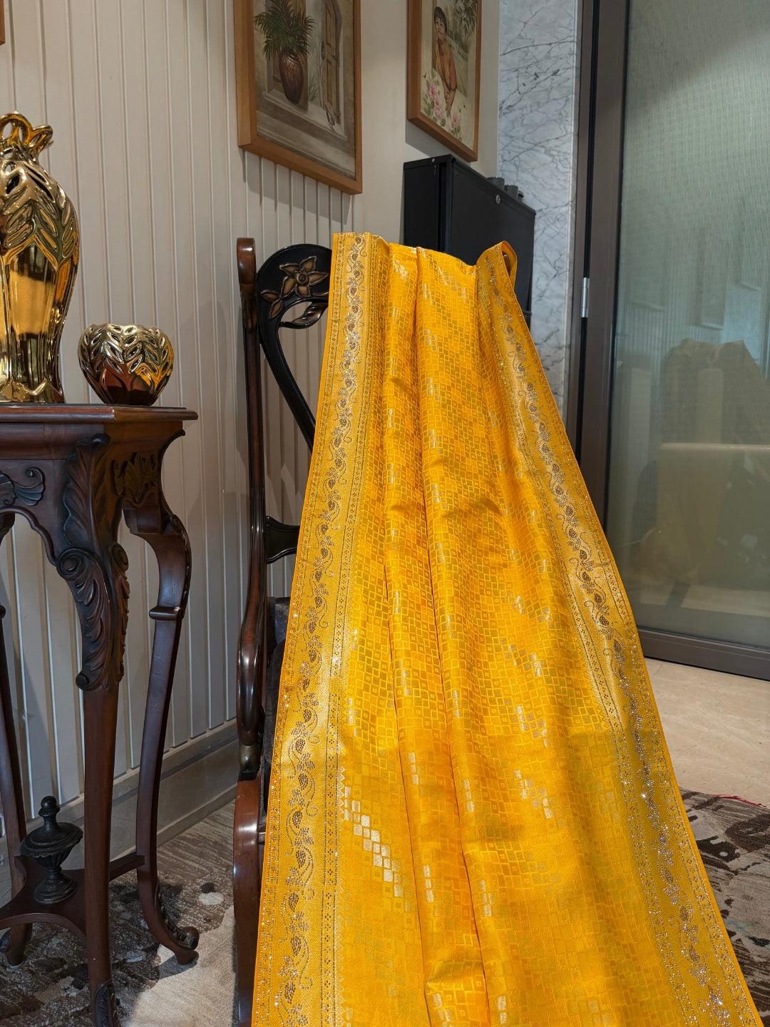 Yellow Banarasi Woven Checks Saree with Intricate Zari Border and Tasselled Pallu