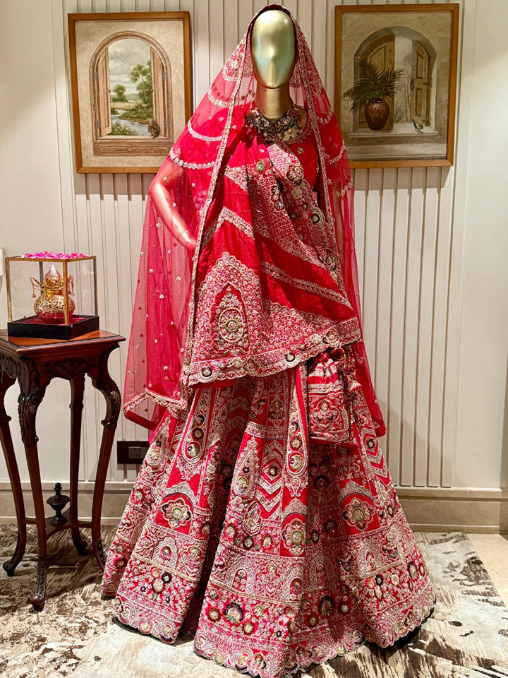Heavy Bridal Lehenga Choli Set with Traditional Embroidery, Mirror Work, Dupatta and Potli Bag