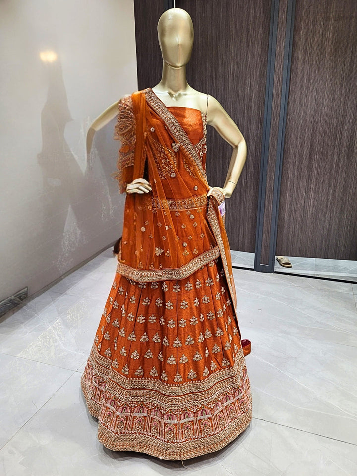 Zari, Mirror, Beads & Sequins Worked Embroidered Lehenga with unstitched blouse & Dupatta