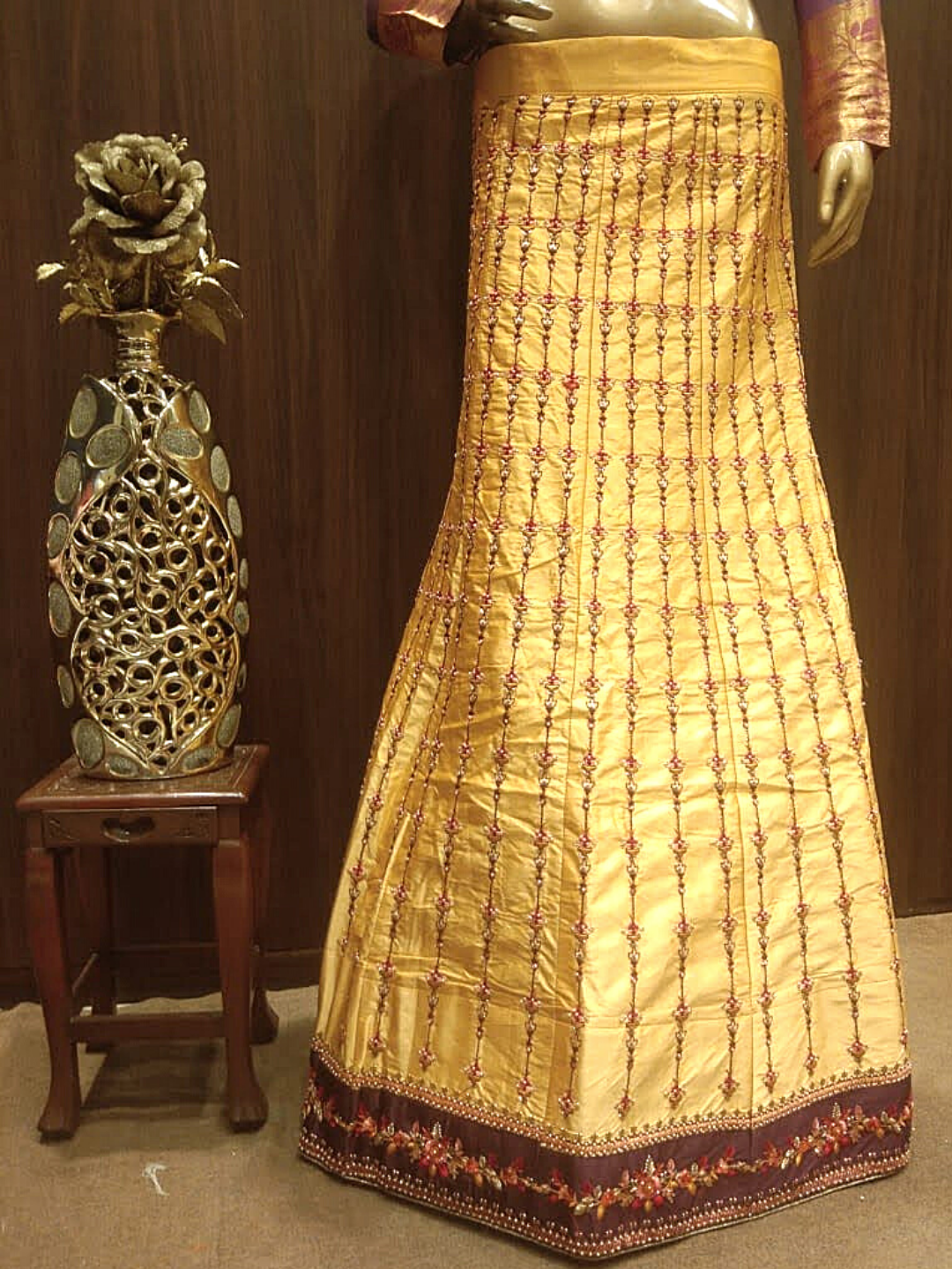 Cream Semi-Stitched Lehenga with Contrast Border Resham Embroidery