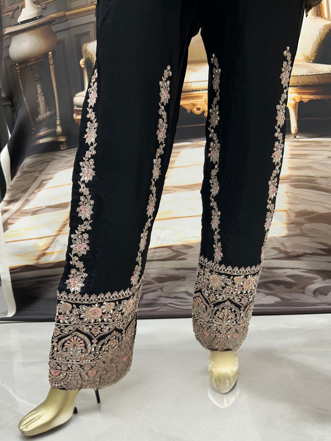Black Suit Set with Zari, Resham, Sequin & Pearl Embroidery, Floral & Medallion Motifs