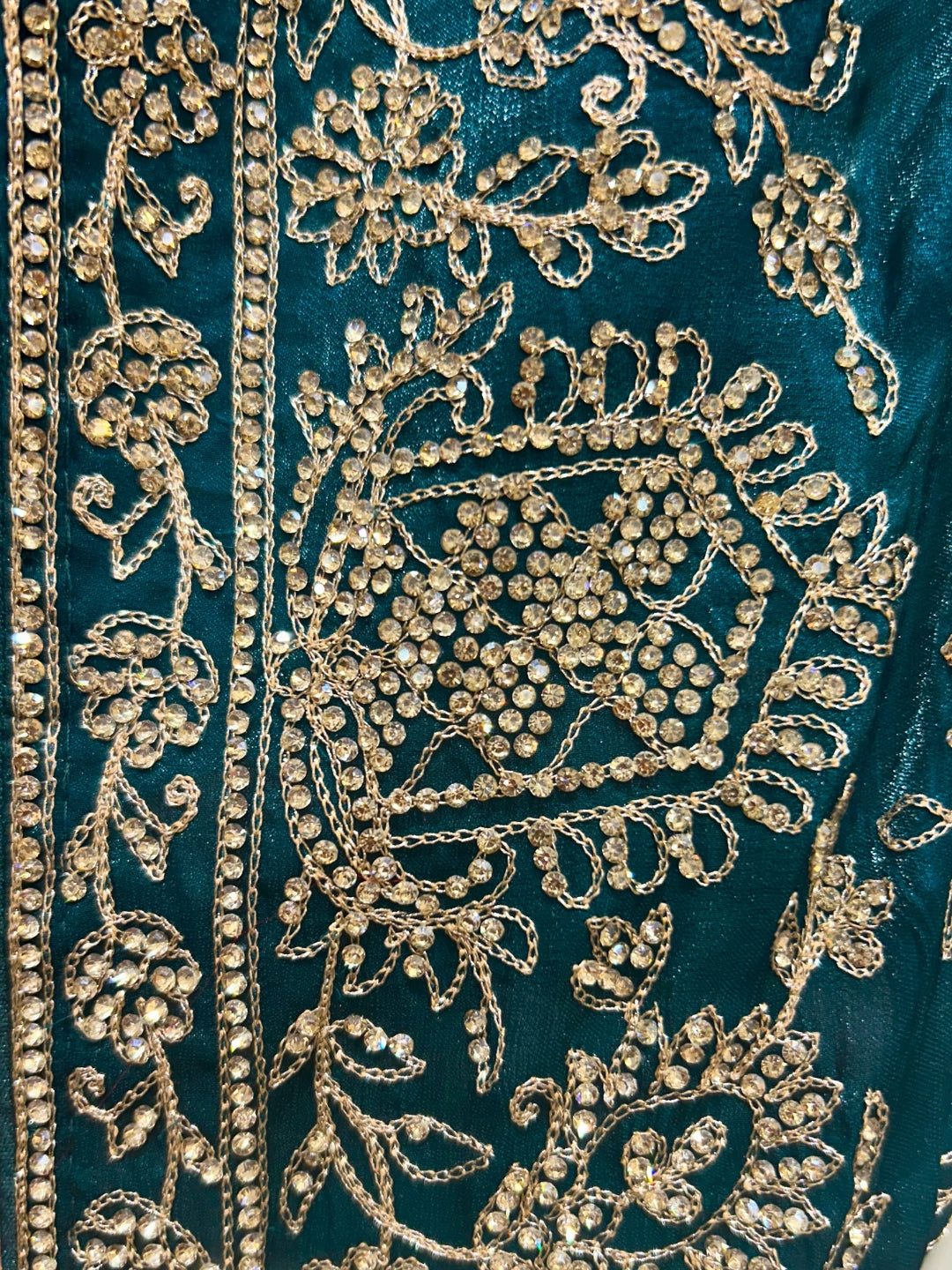 Teal Saree with Antique Gold Zardozi, Sequin, Heavy Embroidered Border & Butis with Blouse Piece