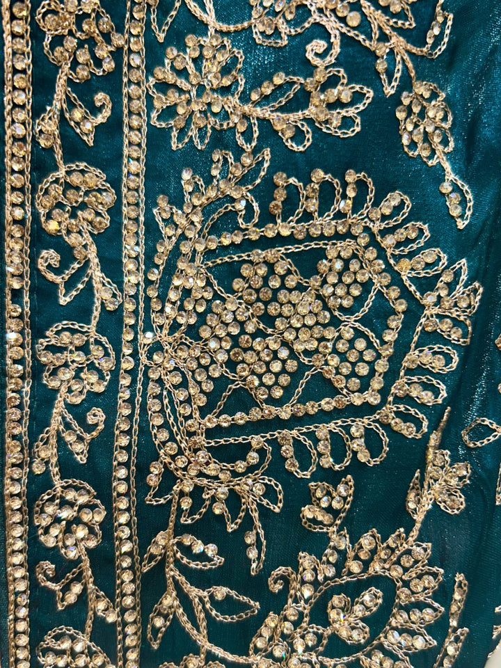 Teal Saree with Antique Gold Zardozi, Sequin, Heavy Embroidered Border & Butis with Blouse Piece