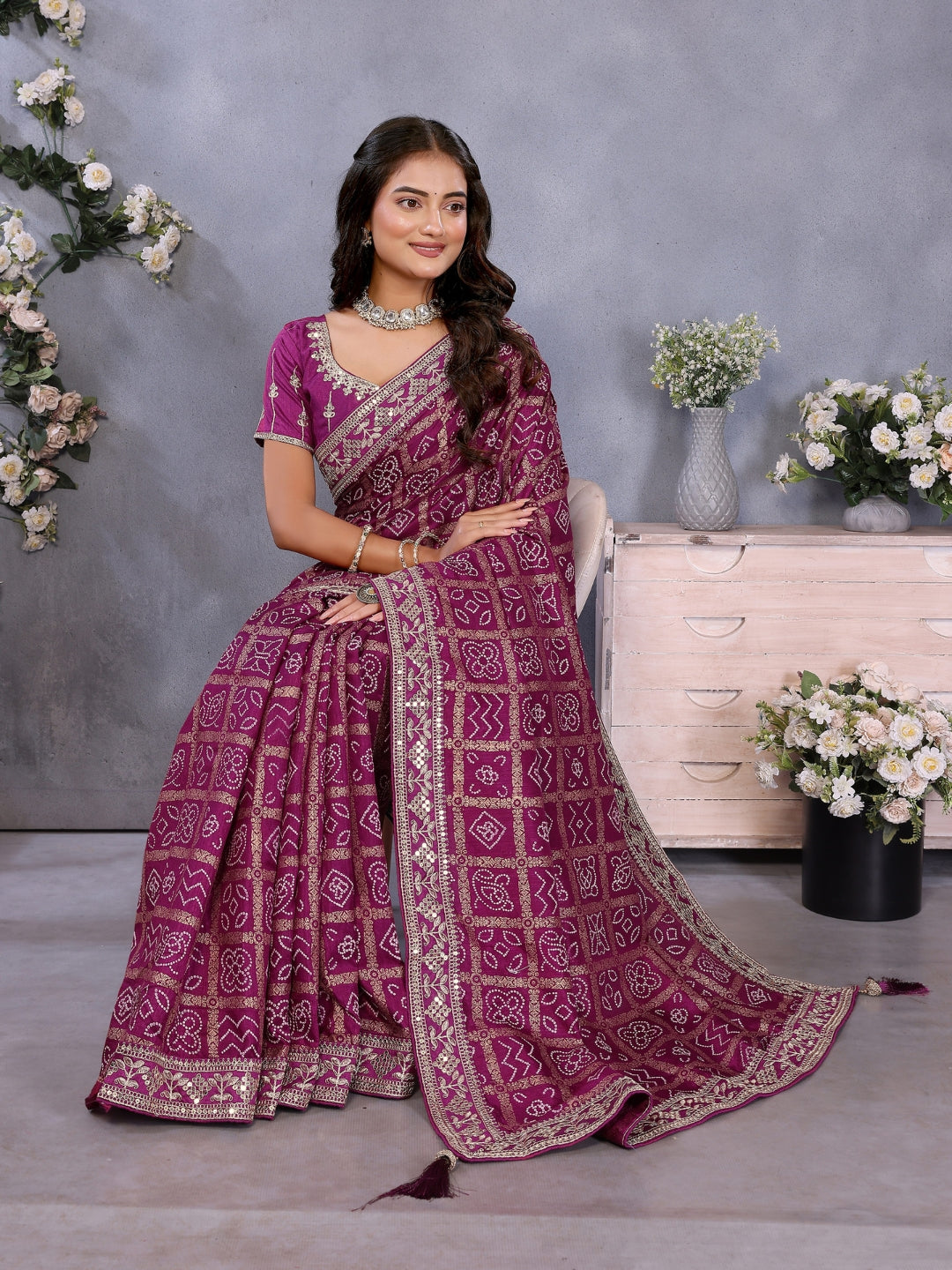 Bandhani Print Saree with All-Over Zari Checks and Embroidered Blouse