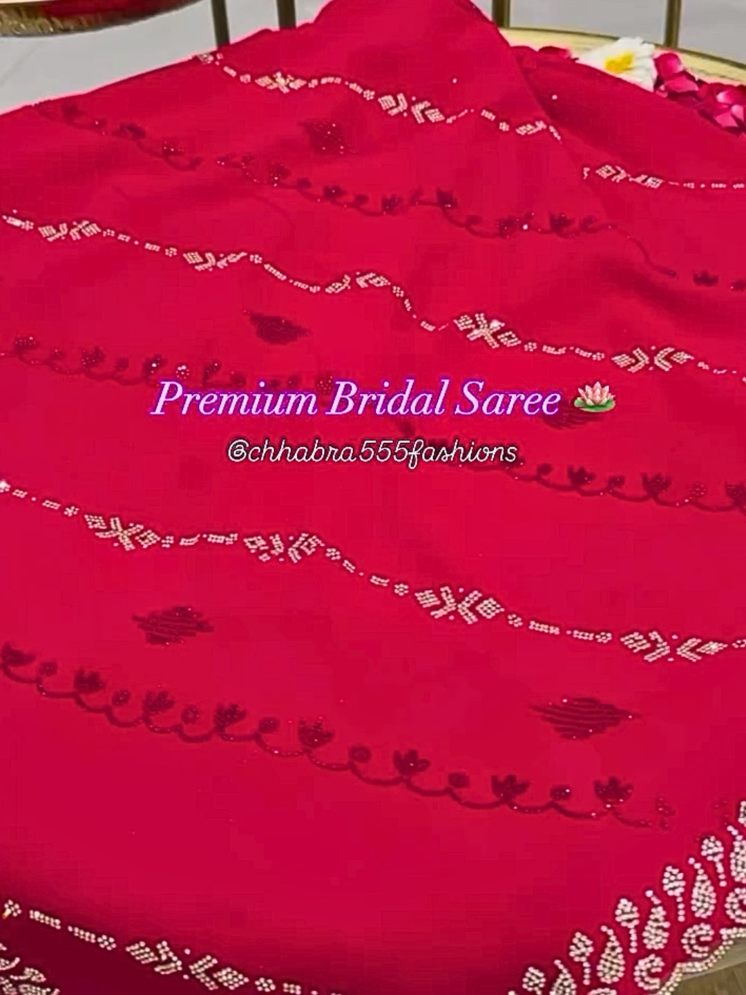 Solid Red Bridal Saree with Zircon Embellishments & Scallop Border