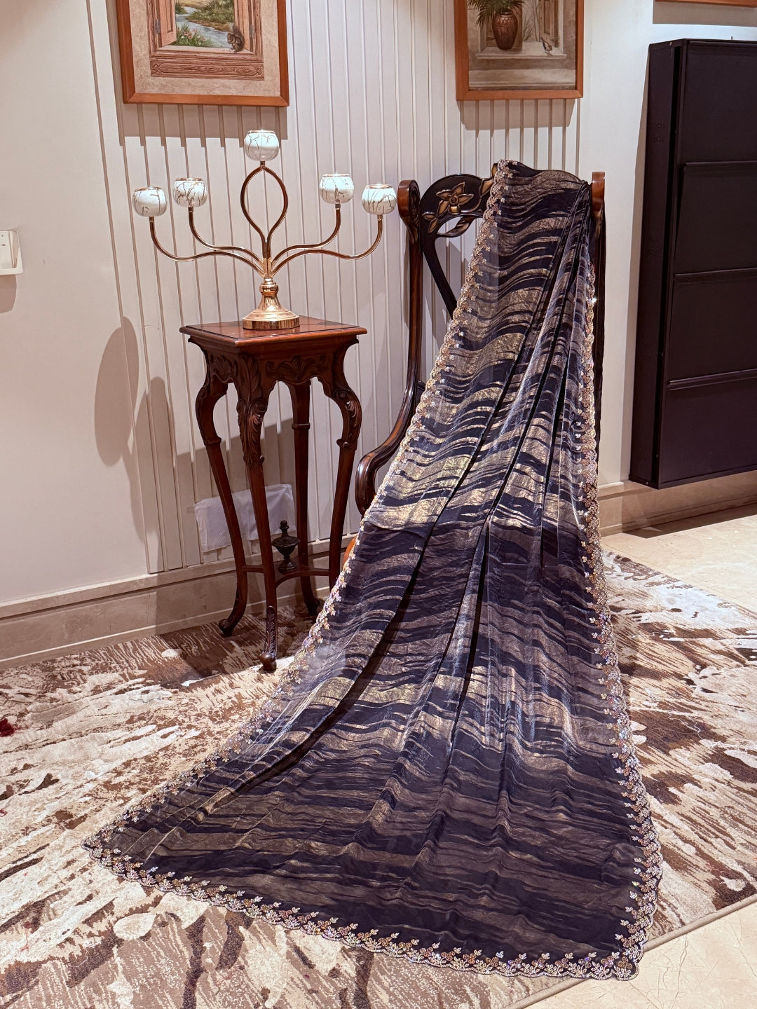 Black Saree with Gold Shimmer Wavy Stripes & Pastel Embroidered Floral Sequin Border