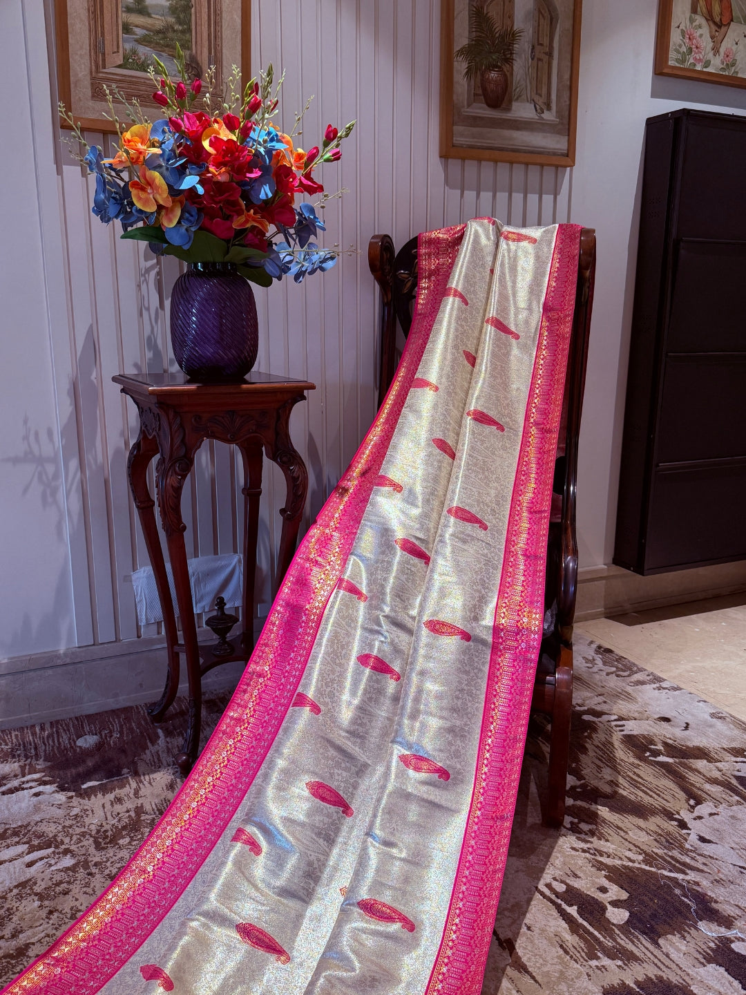 Banarasi Art Silk Saree with Paisley Motifs & Broad Woven Brocade Border