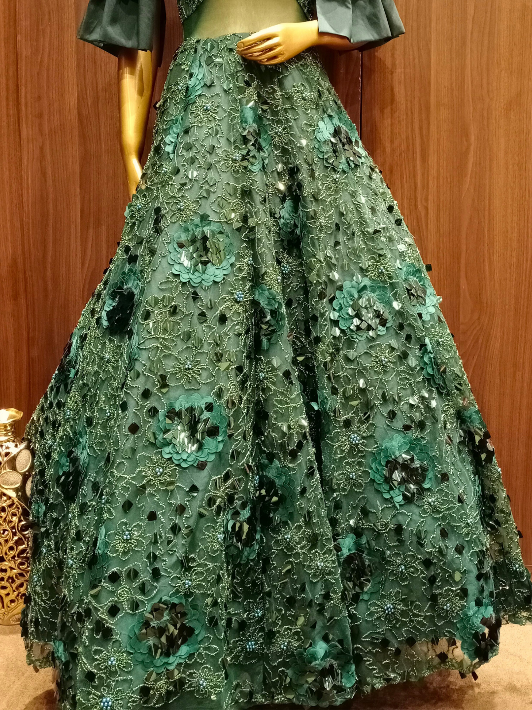 Green Cocktail Flared Sequence Gown with Stylised Ruffled Sleeves