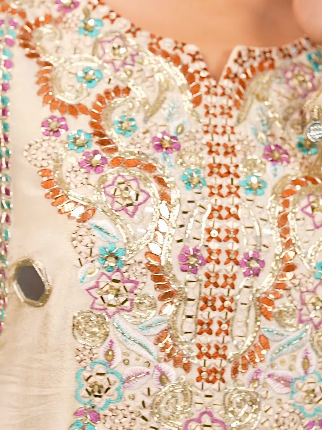 Ivory Mirror & Thread Work Embroidered Silk Kurta Set with Palazzo & Dupatta