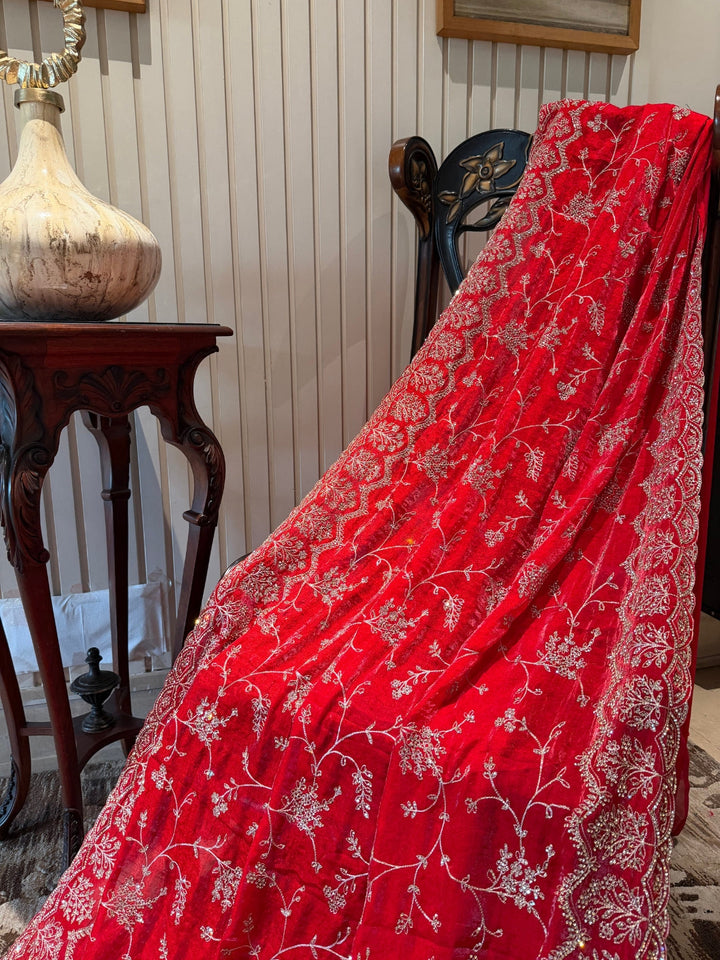 Red Saree with Heavy Silver Zari Floral Embroidery and Scalloped Border