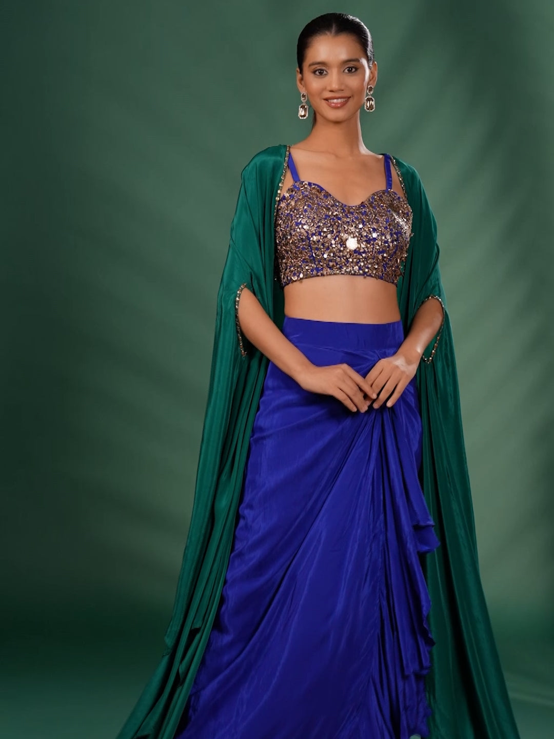 Embellished Bustier Co-ord Set with Draped Skirt and Cape