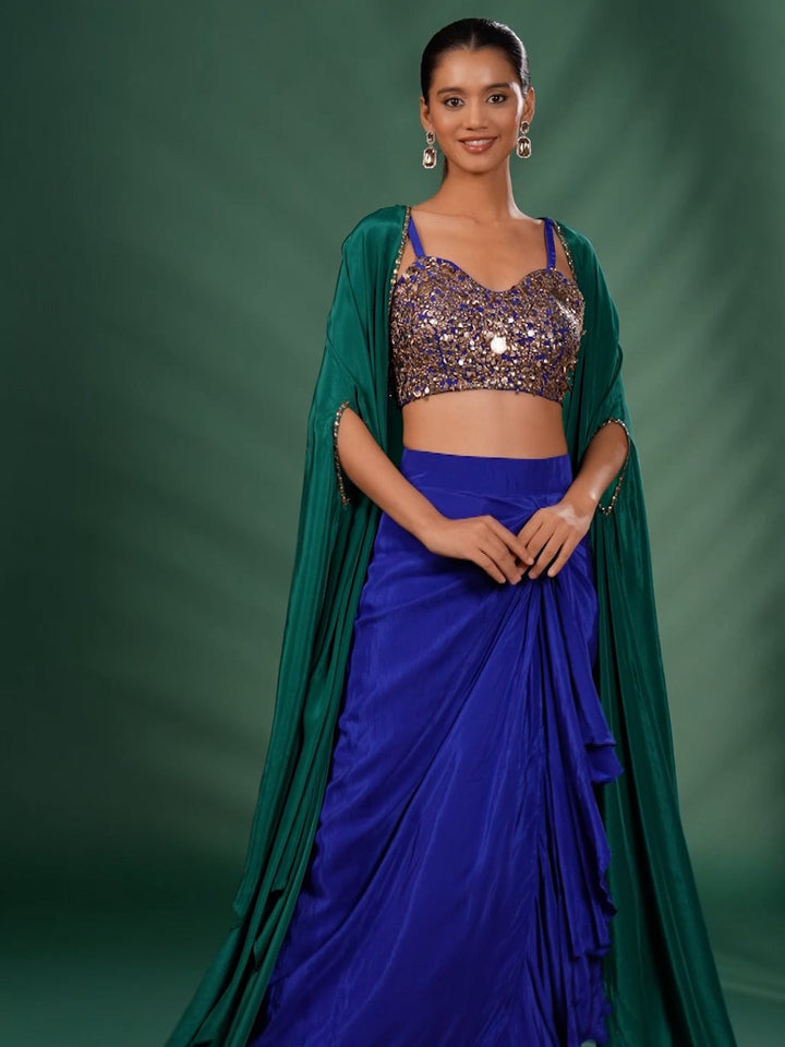 Embellished Bustier Co-ord Set with Draped Skirt and Cape