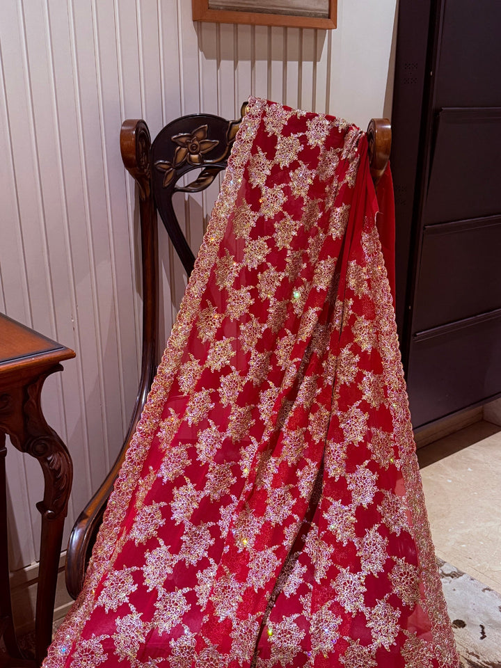 Red Net Saree with Dense Gold Floral Zari, Sequin & Bead Embroidery, Scallop Border