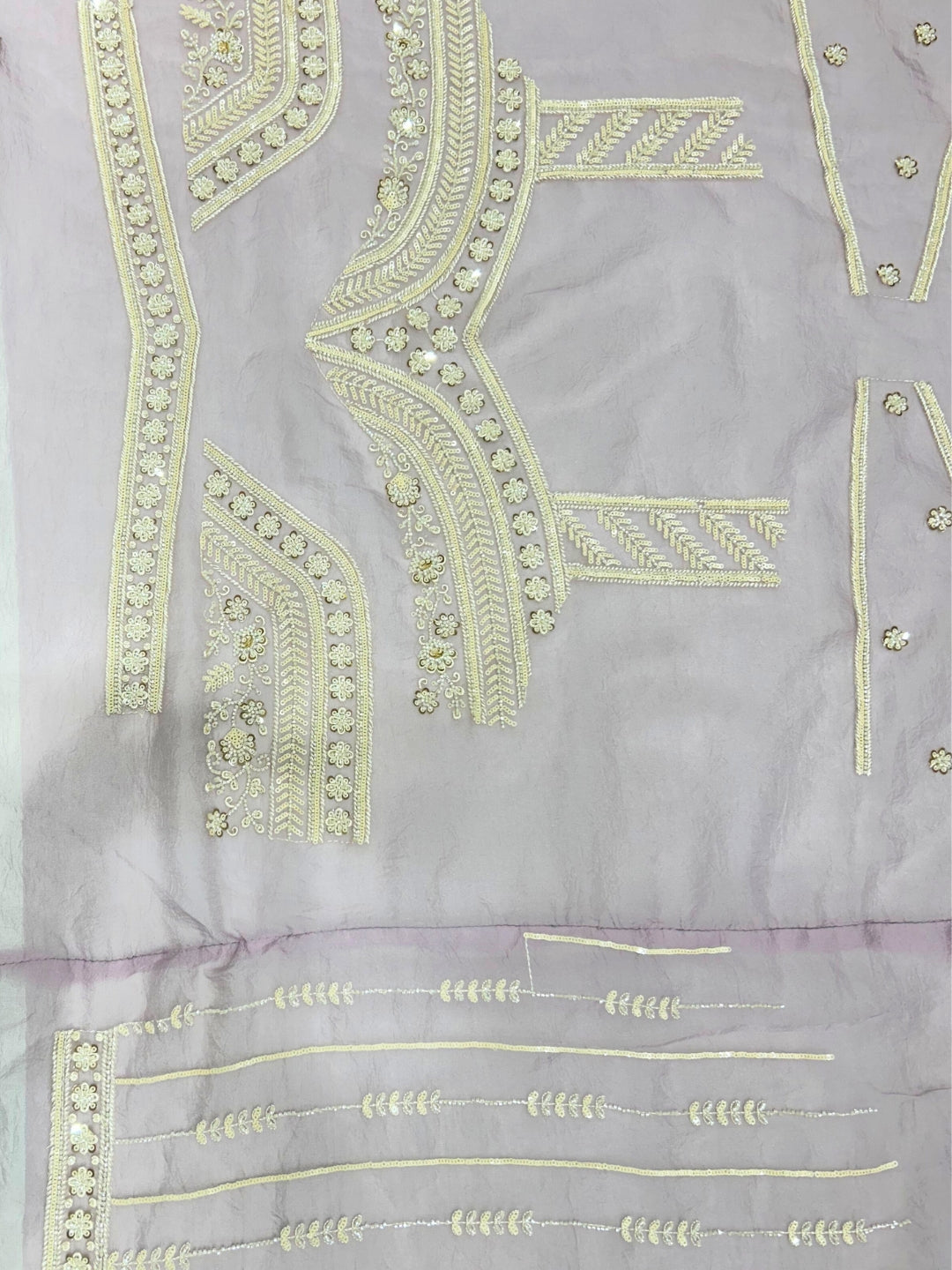 Mauve Net Saree with Ivory-Gold Hand Sequin Floral Scalloped Border & Embroidery
