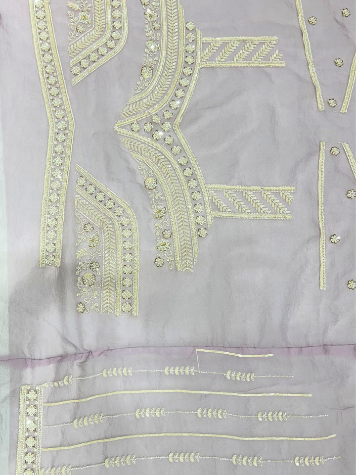 Mauve Net Saree with Ivory-Gold Hand Sequin Floral Scalloped Border & Embroidery