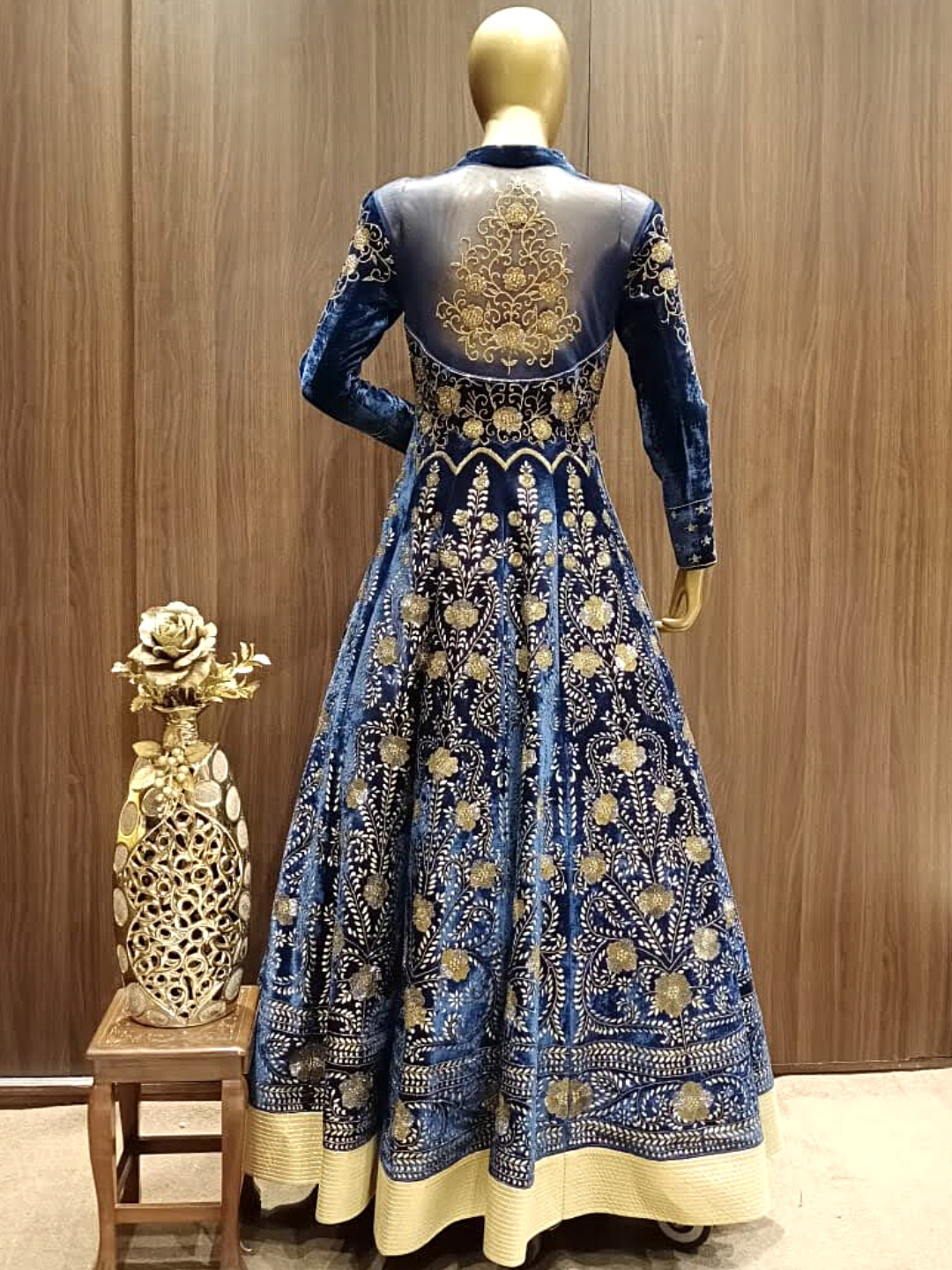 Deep Blue Velvet Anarkali with Gold Zari Hand Embroidery and Kundan Work