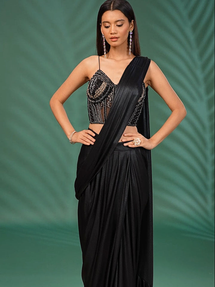Indo-Western Pre-Draped Saree with Sequined Corset Blouse & Ruffle Pallu