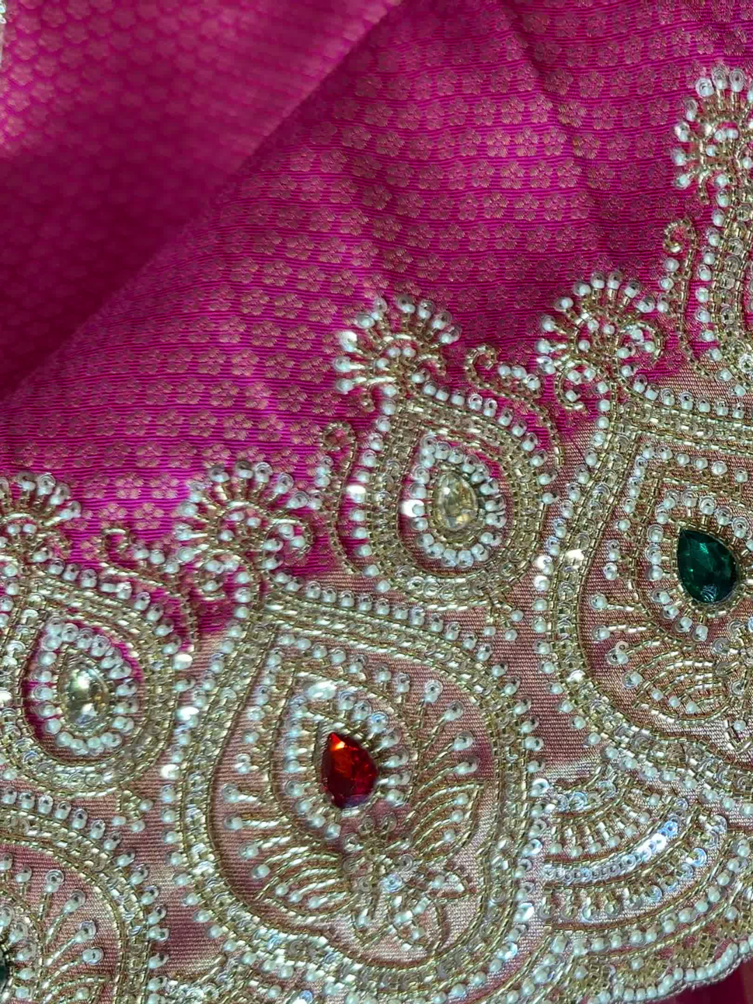 Heavy Saree with Pearl & Stone Embellished Stitched Blouse in Rani Pink
