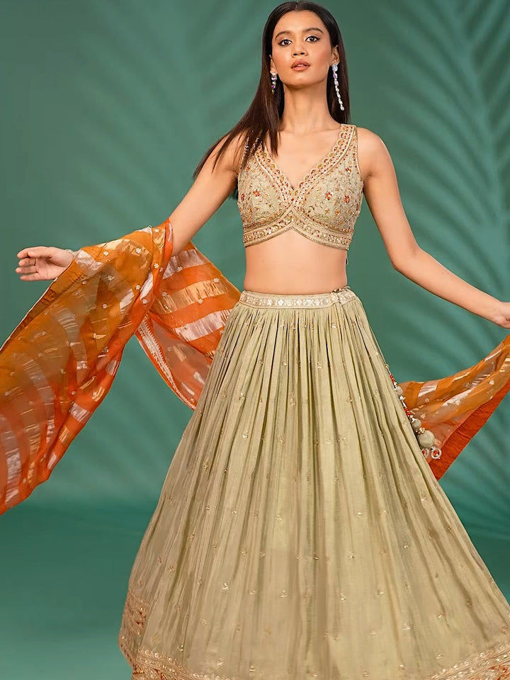 Embroidered Silk Lehenga Set with Zari and Mirror Work Detailing