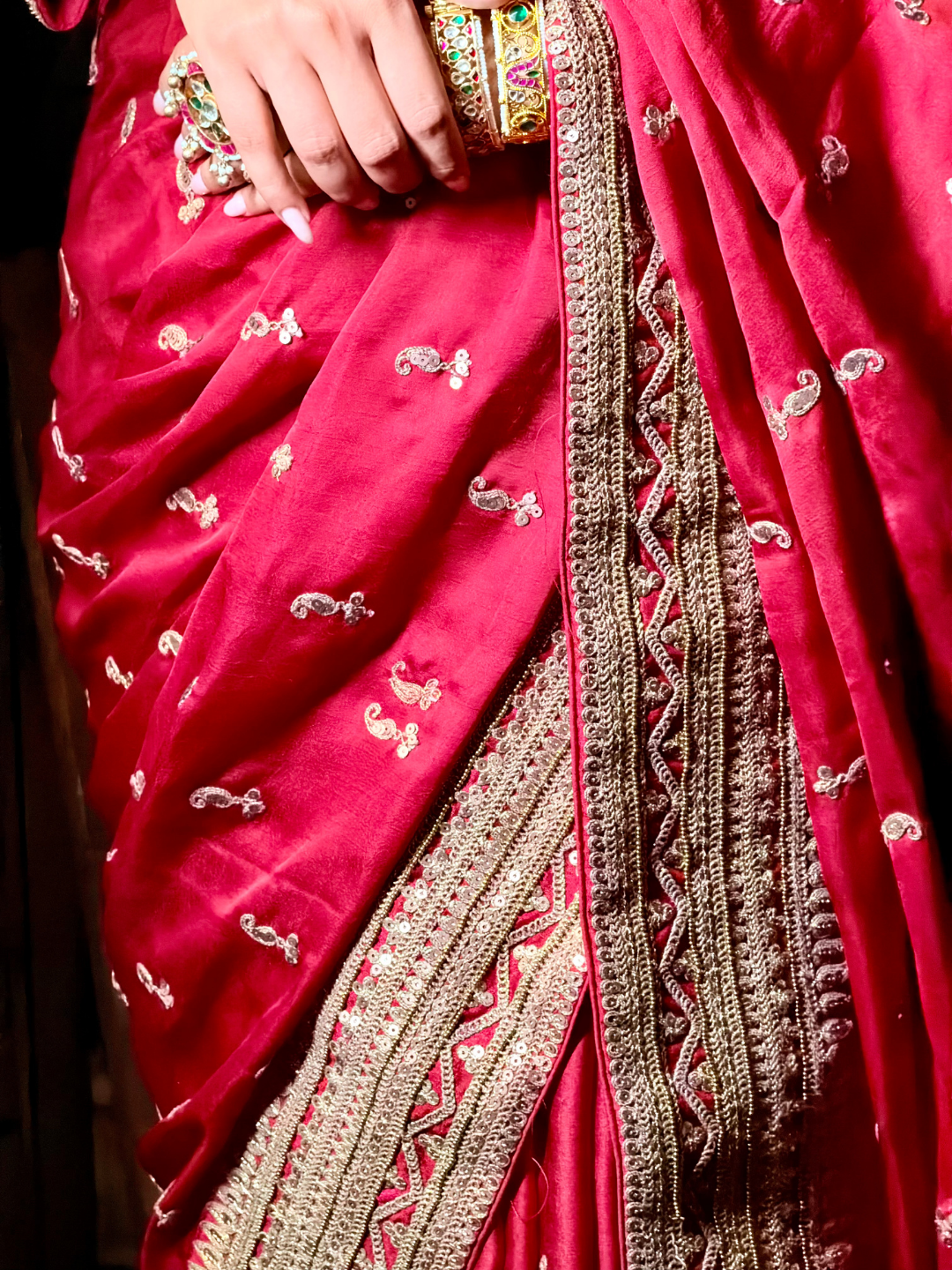 Zari Embroidered Silk Saree with Sequin Butti in Maroon Red