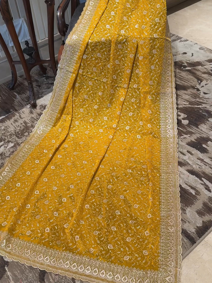 Intricately Embroidered Saree with All-Over Zari Floral Jaal & Broad Paisley Border