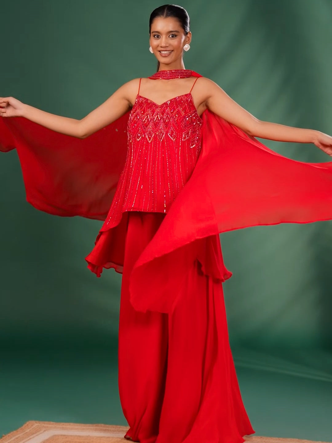 Spaghetti Strap and Embellished Top with Flared Palazzo and Dupatta
