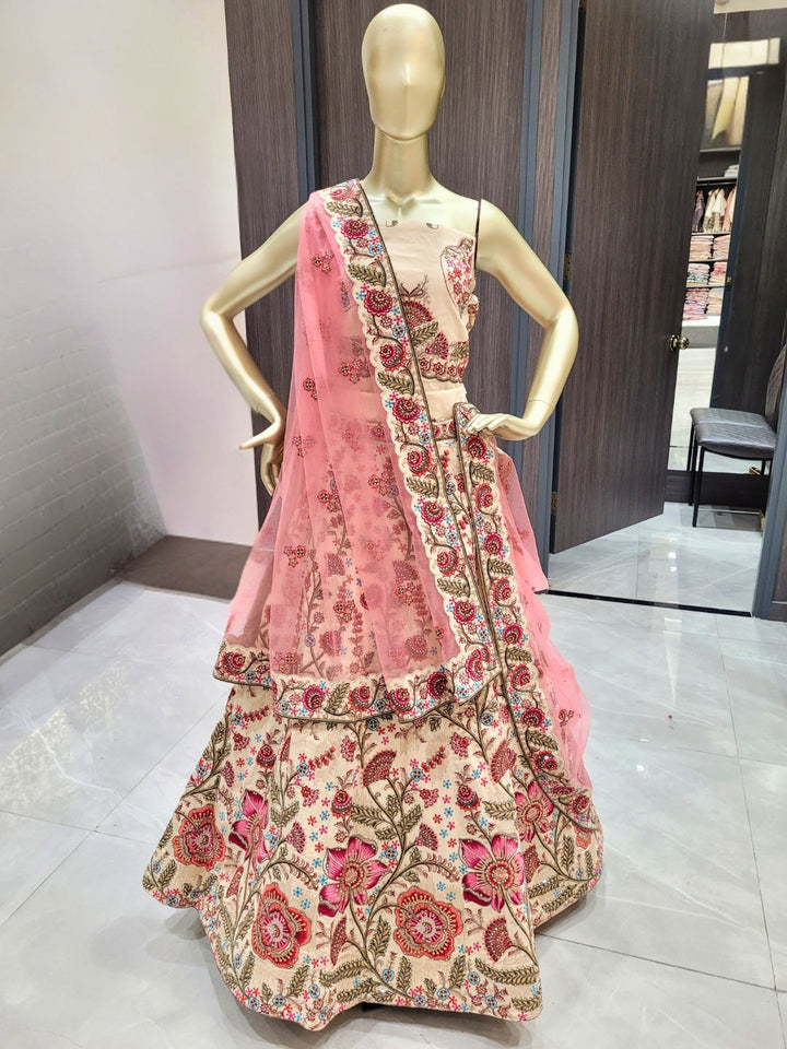 Floral Zari & Sequin Work Embroidered Lehenga with Dupatta & unstitched Blouse