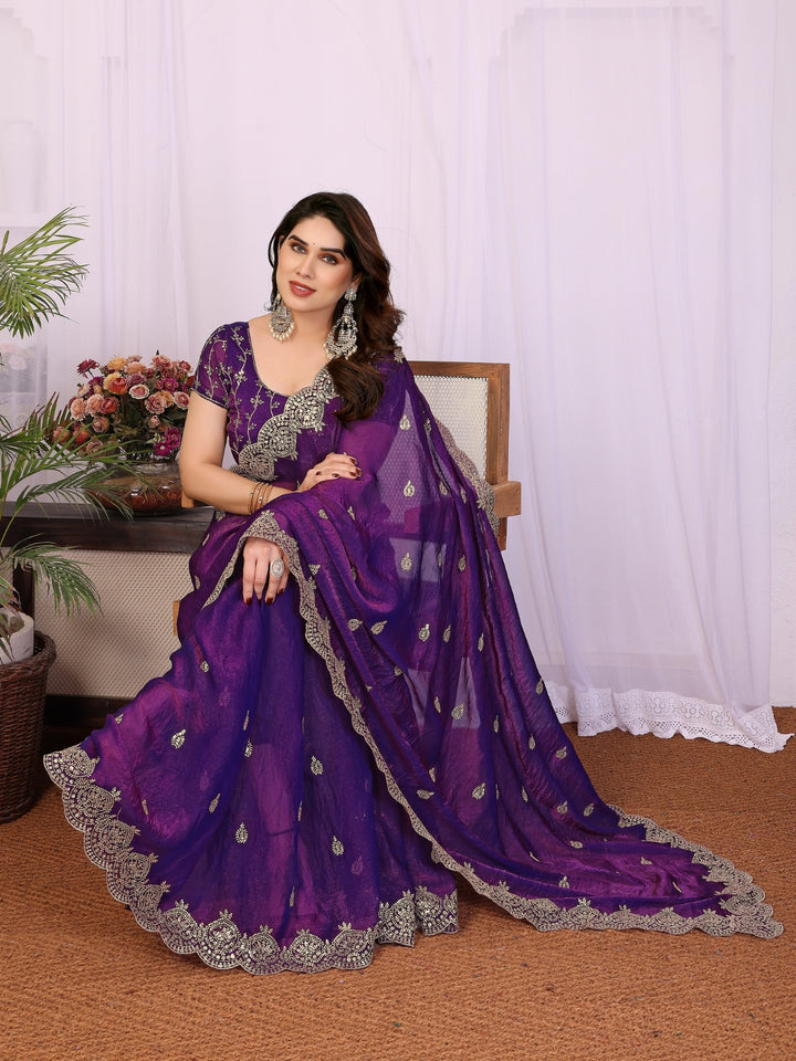 Shimmer Saree with Antique Gold Embroidered Butis & Heavy Scalloped Border