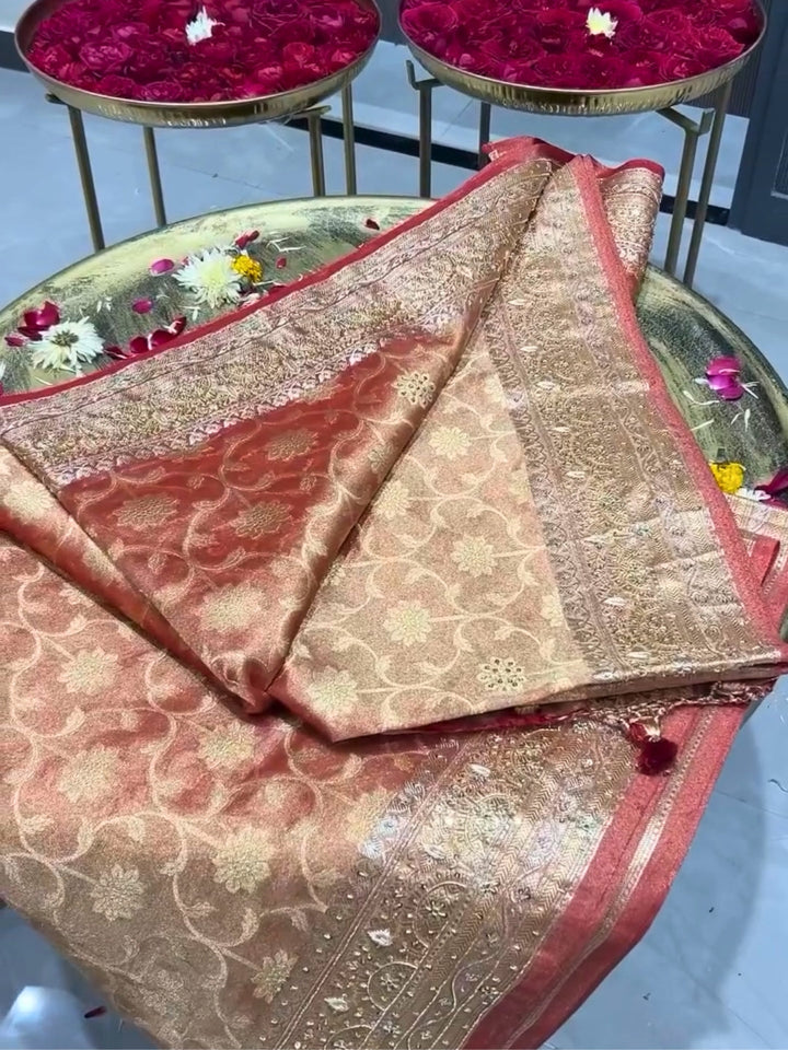 Kanjiwaram Pure Silk Saree With Banarasi Handloom Intricate Floral Motifs Zari Weaving