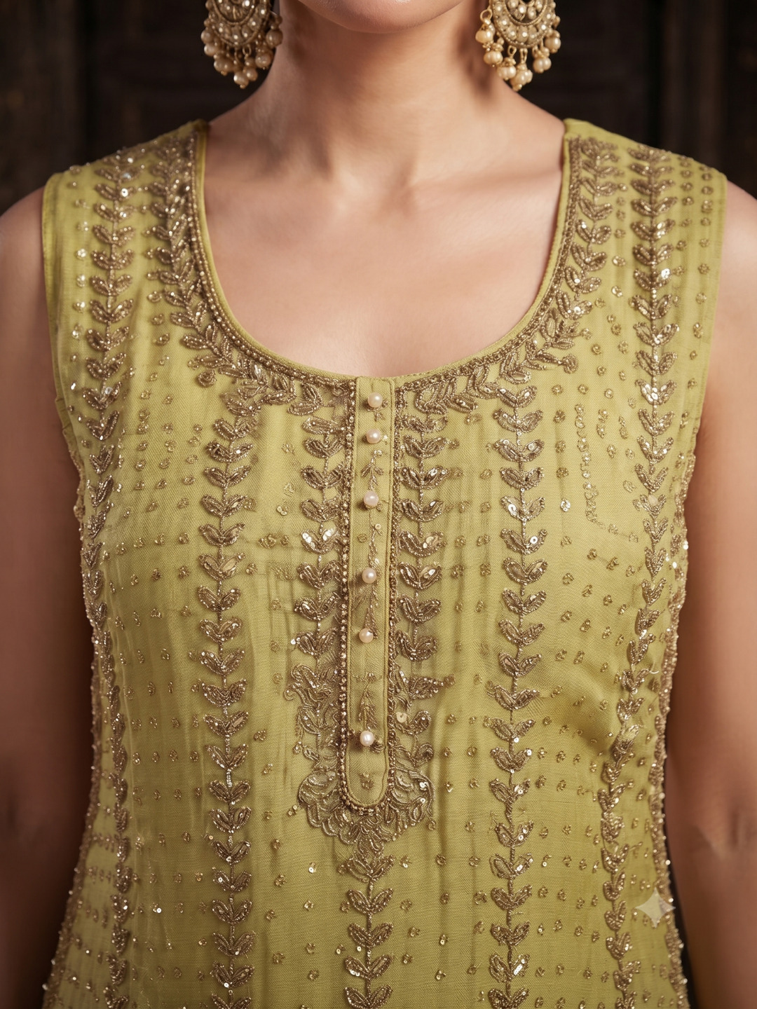 Sequin Embroidered Sleeveless Kurta with Sharara Set in Pear Green